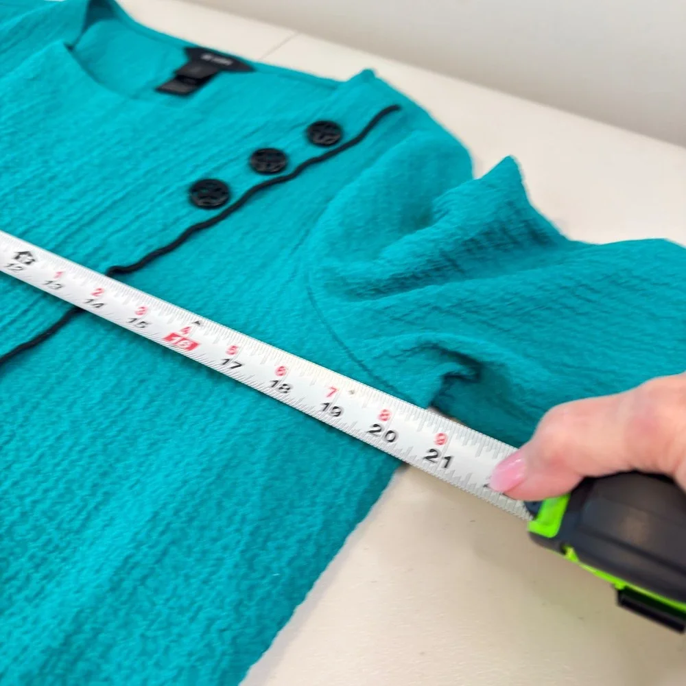 Ali Miles Teal Textured 3/4 Sleeve Asymmetrical Button Top Petite Large PL - Picture 7 of 8
